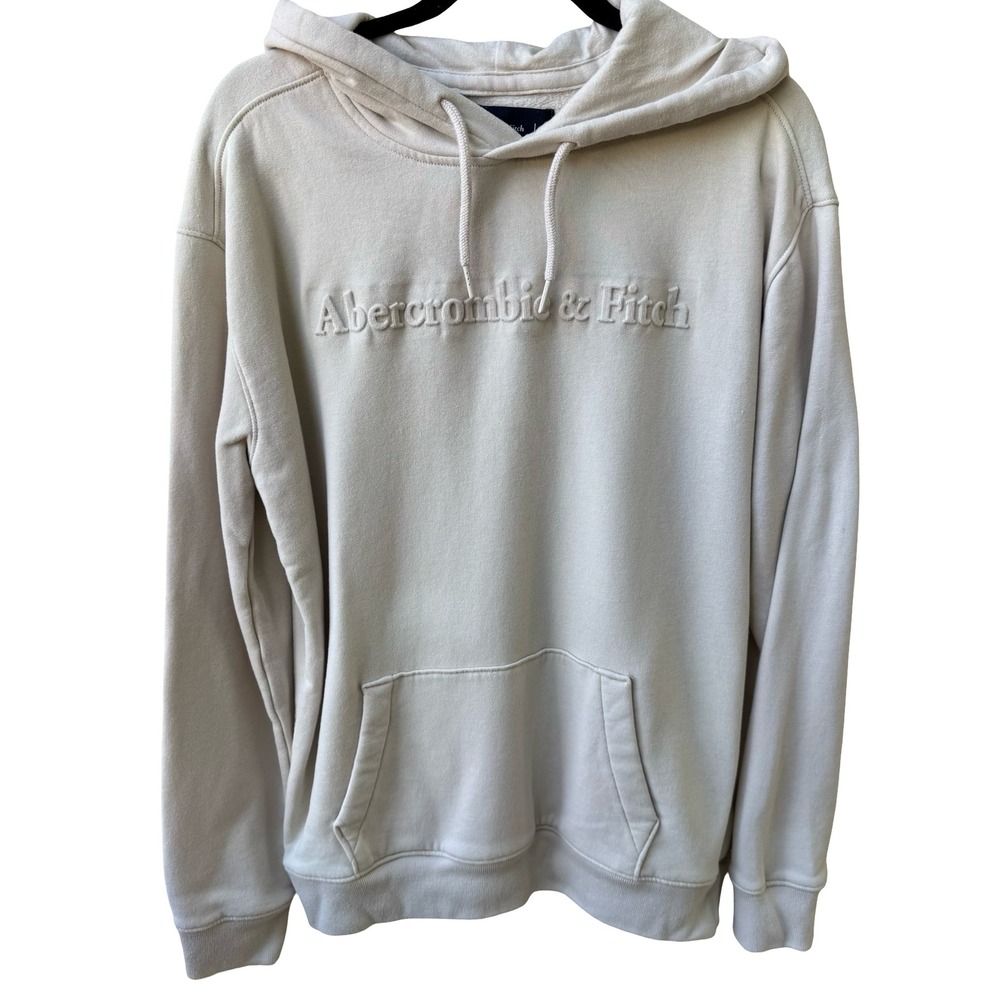 Abercrombie & Fitch Puff Print Embossed Logo Pullover Hoodie Cream Beige Mens M